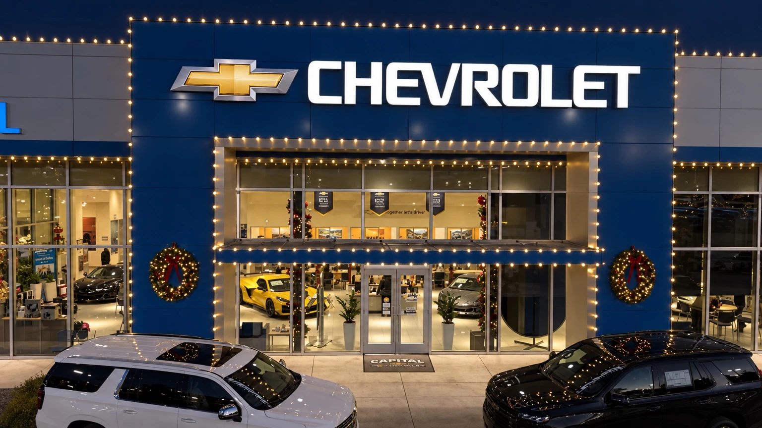 Two illuminated wreaths and warm white lights at a dealership entrance