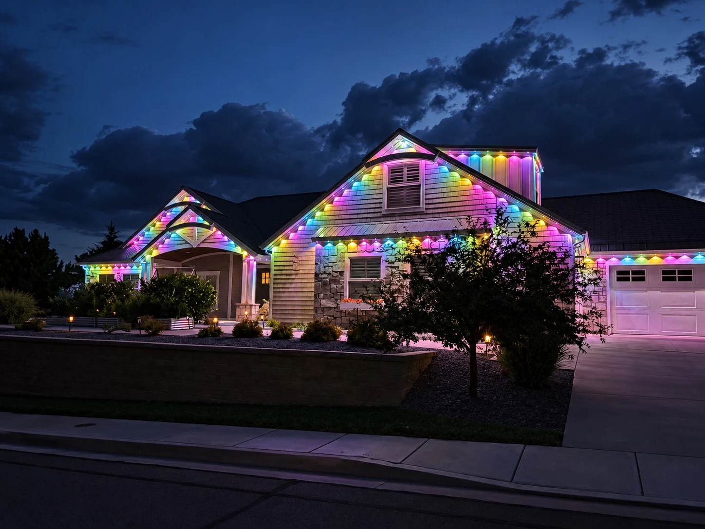 Soft pastel roofline lights on a white home