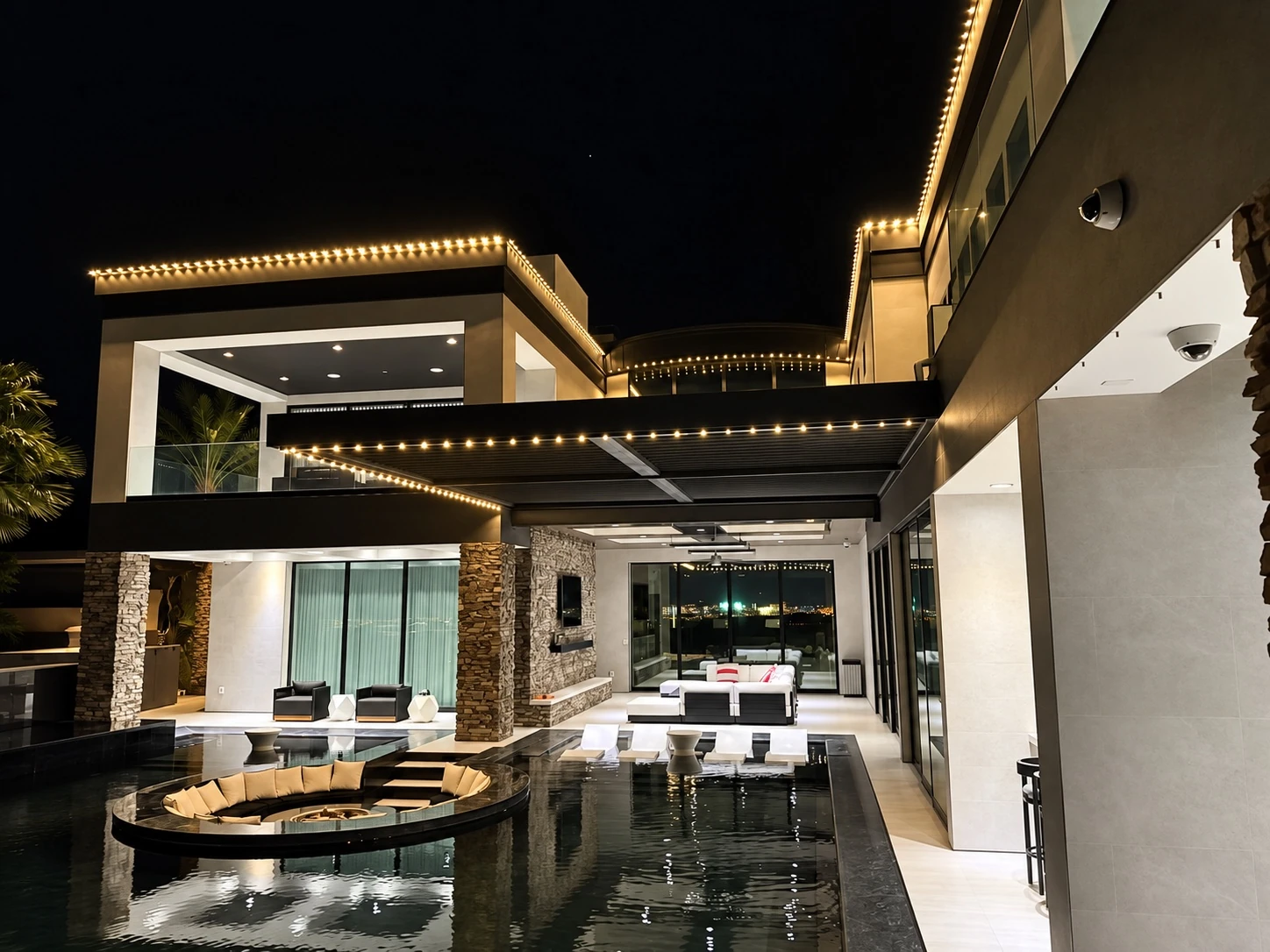 Poolside property with permanent architectural lighting