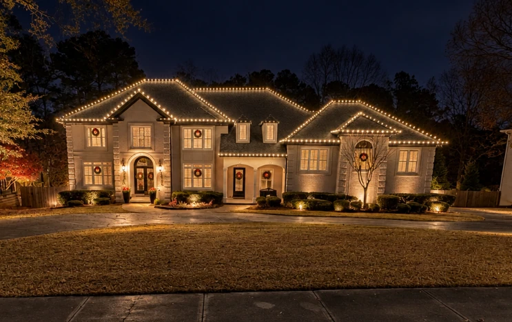A stately home outlined in warm white Christmas lights