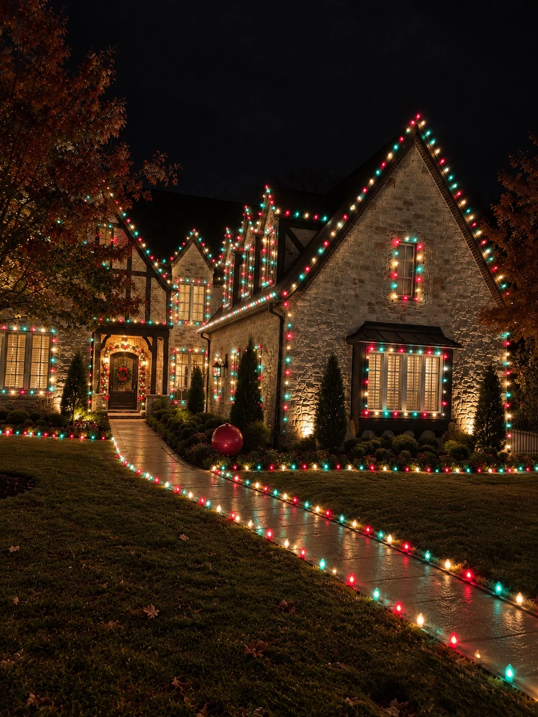 Colorful Christmas lights and greenery on a stone home