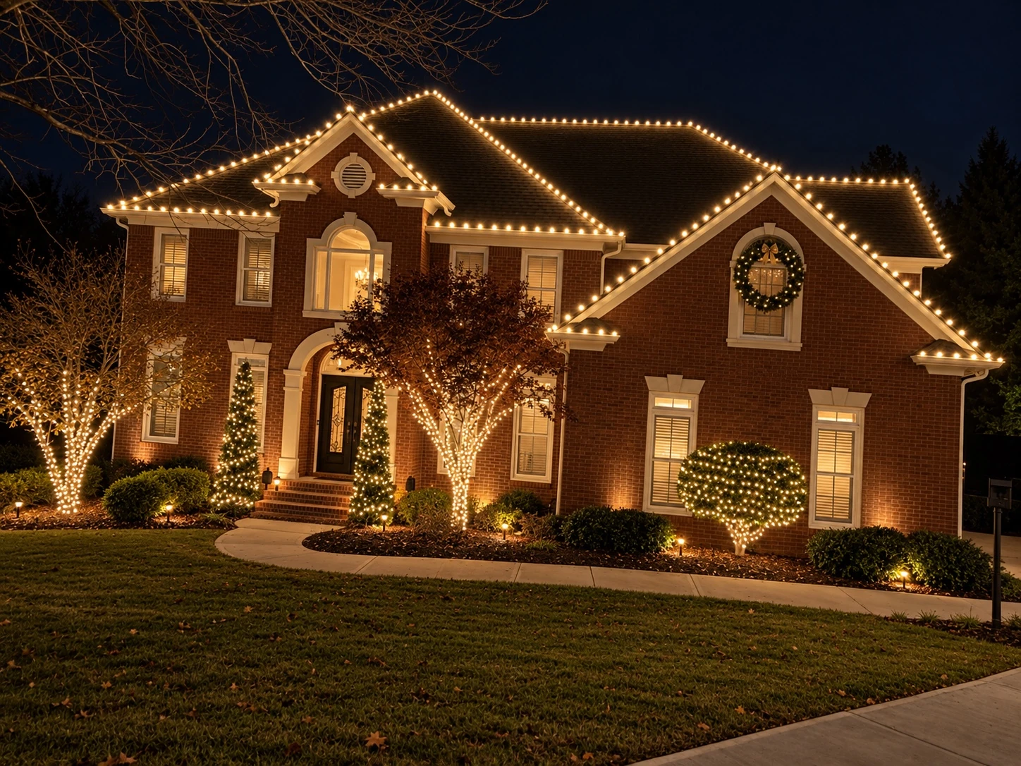 A brick home with illuminated trees and Christmas wreaths