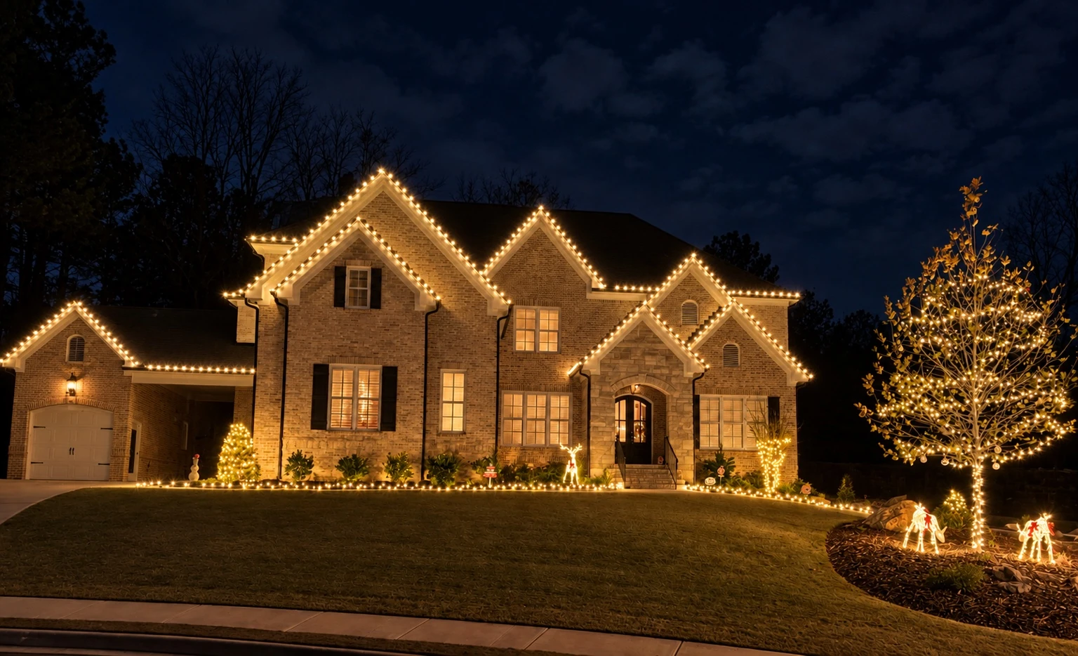 Warm Christmas lights and a tree beside a brick home