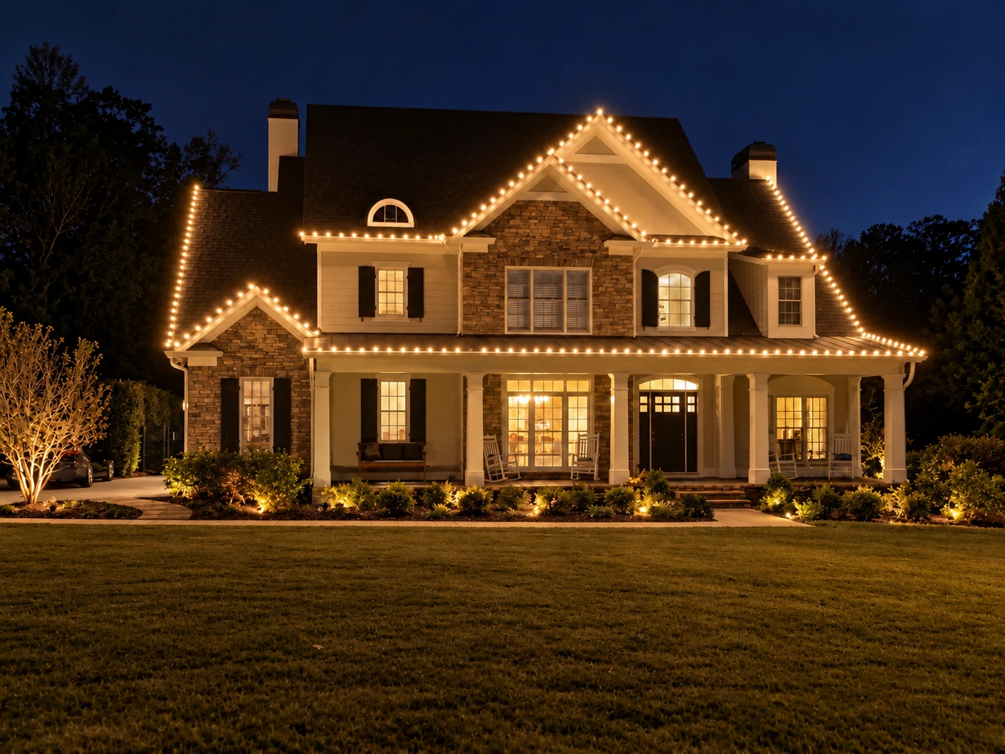 Christmas roofline lighting above a broad white porch