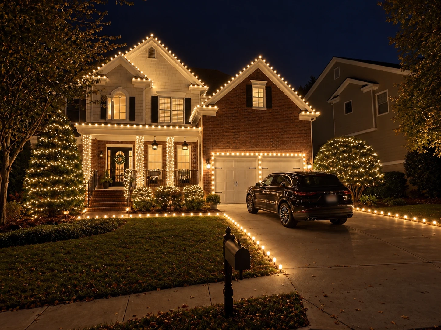 An illuminated home with warm white porch columns