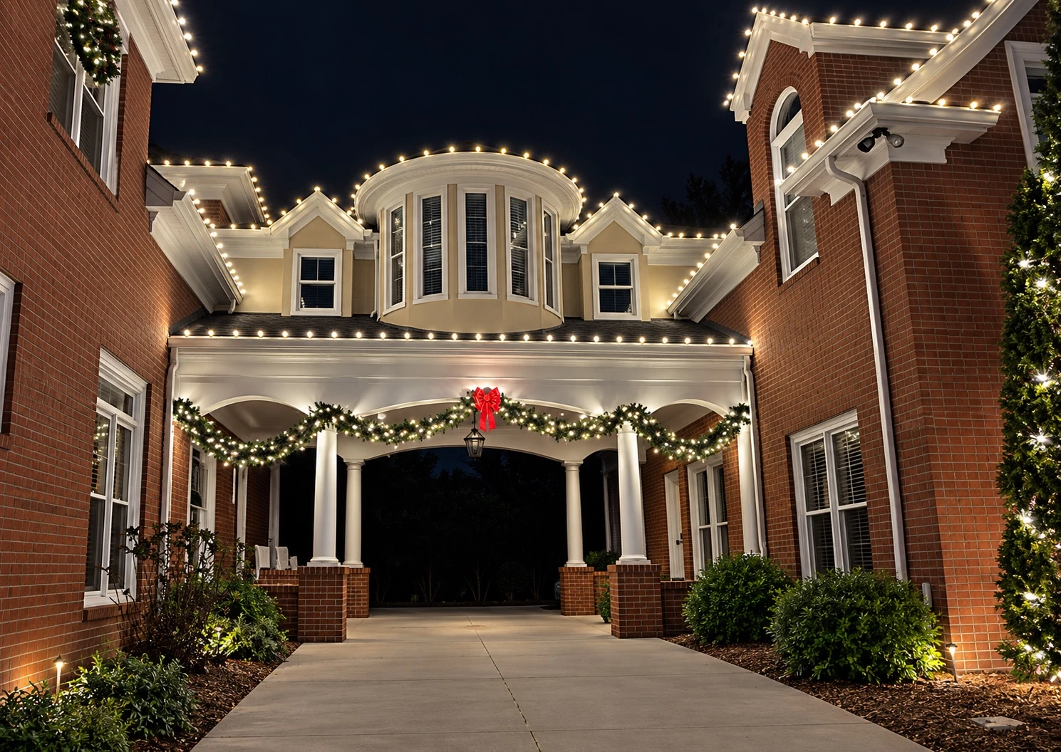 Entryway dressed with lights and greenery