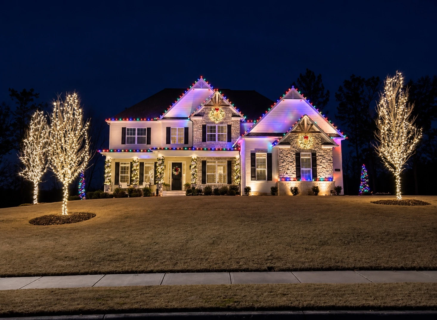 Colorful holiday display across a residential home