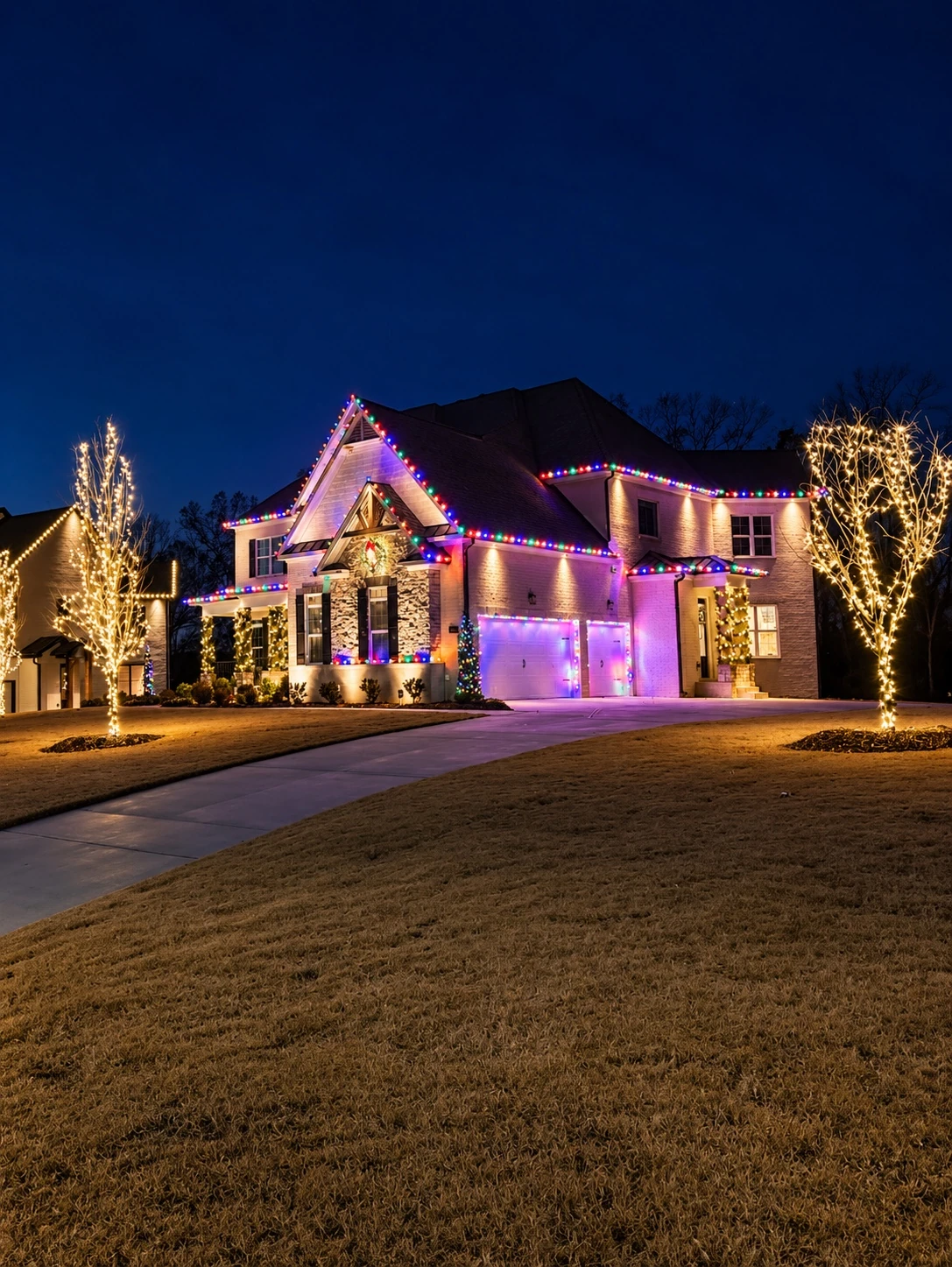 A colorful Christmas display viewed from the driveway