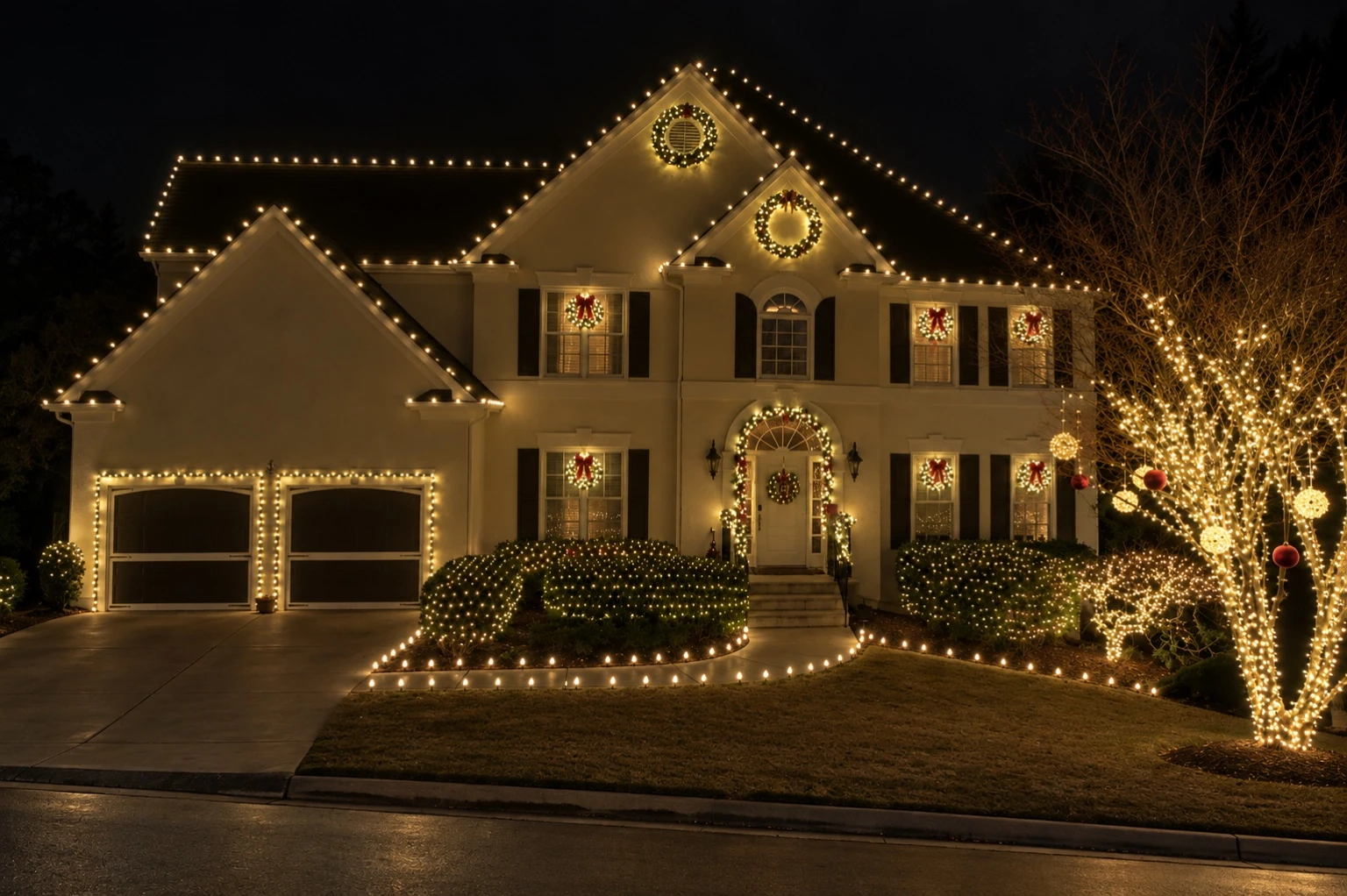 Warmly lit home with wreaths